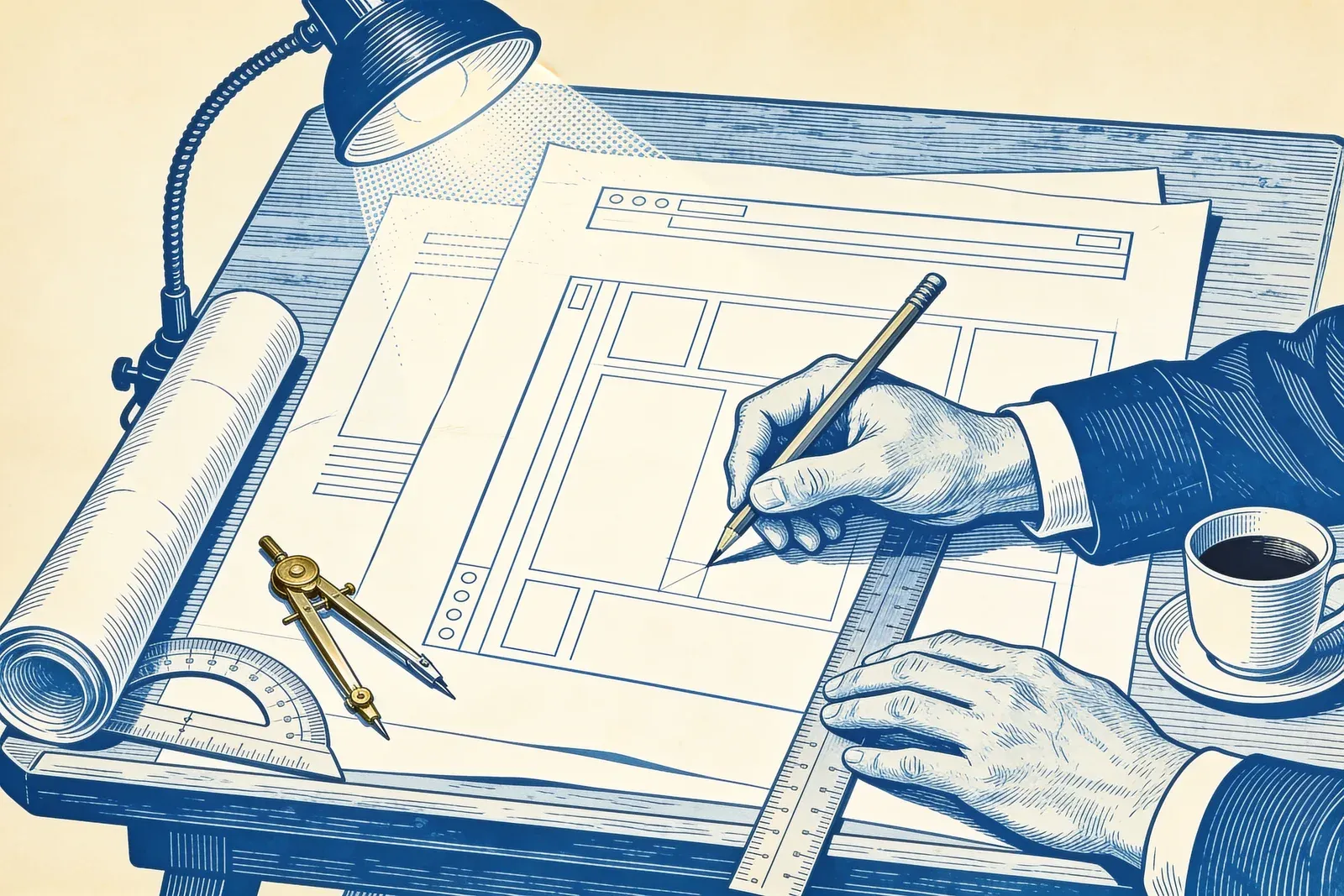 Blue-ink engraving of hands drawing a website wireframe on paper with a pencil and steel ruler, beside a brass compass, a protractor and a cup of coffee under a desk lamp.