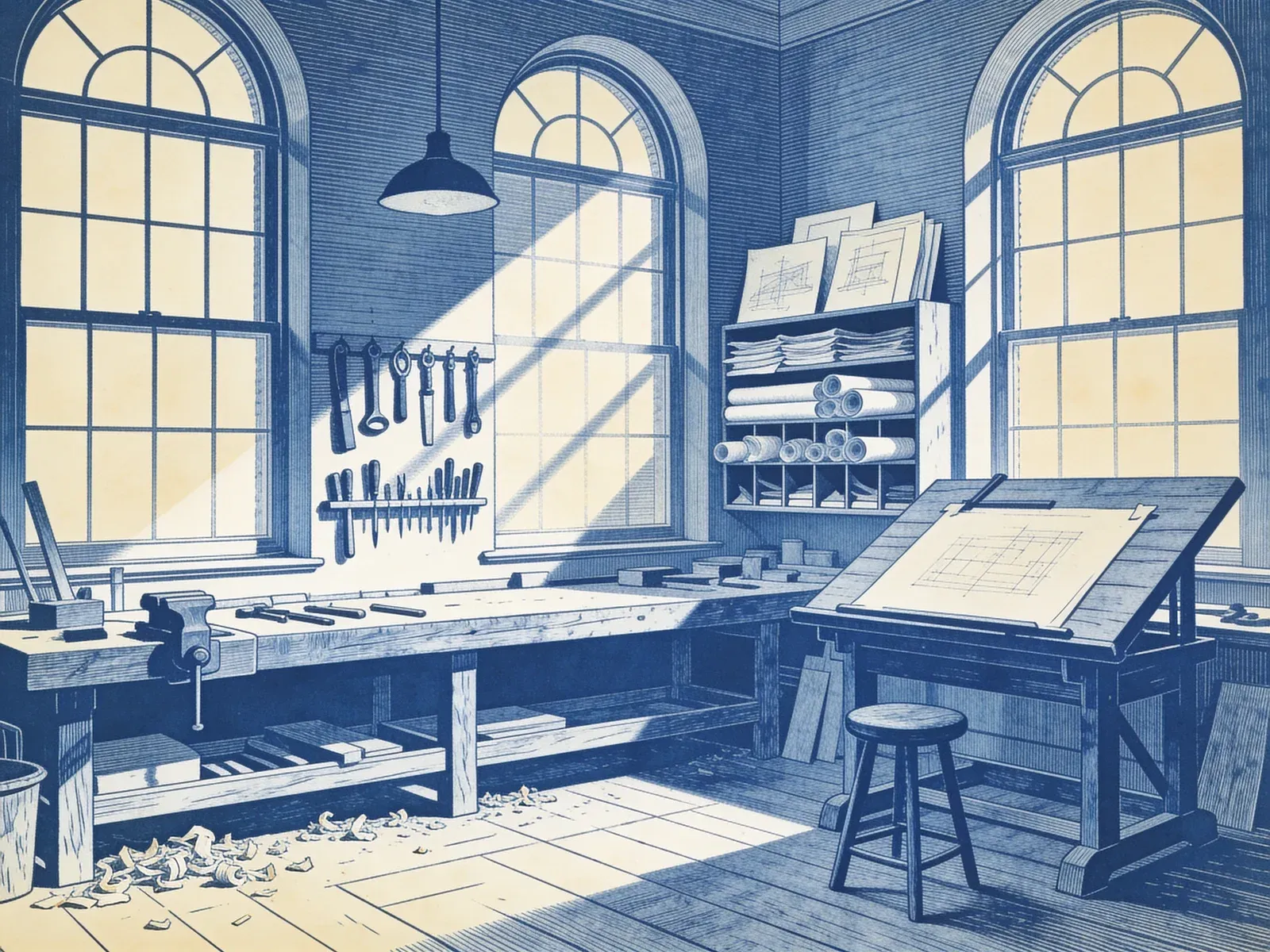 Blue-ink engraving of a craftsman's workshop: a long workbench under tall arched windows with rays of light, tools on the wall and a drafting table with a plan pinned to it.