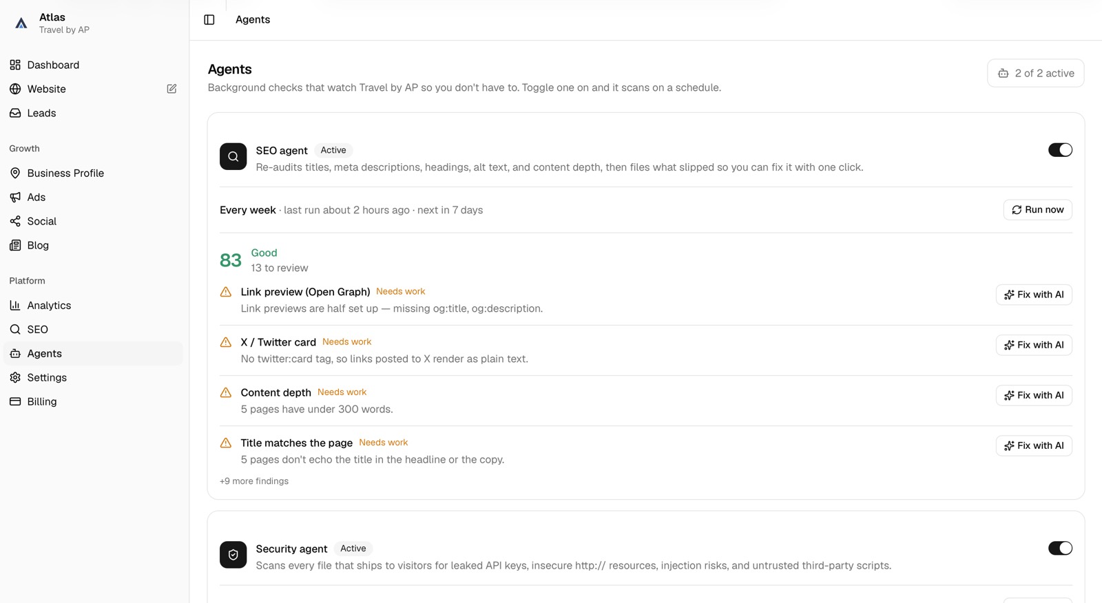 The Atlas agents screen with a weekly SEO agent and security agent, each listing findings to fix.