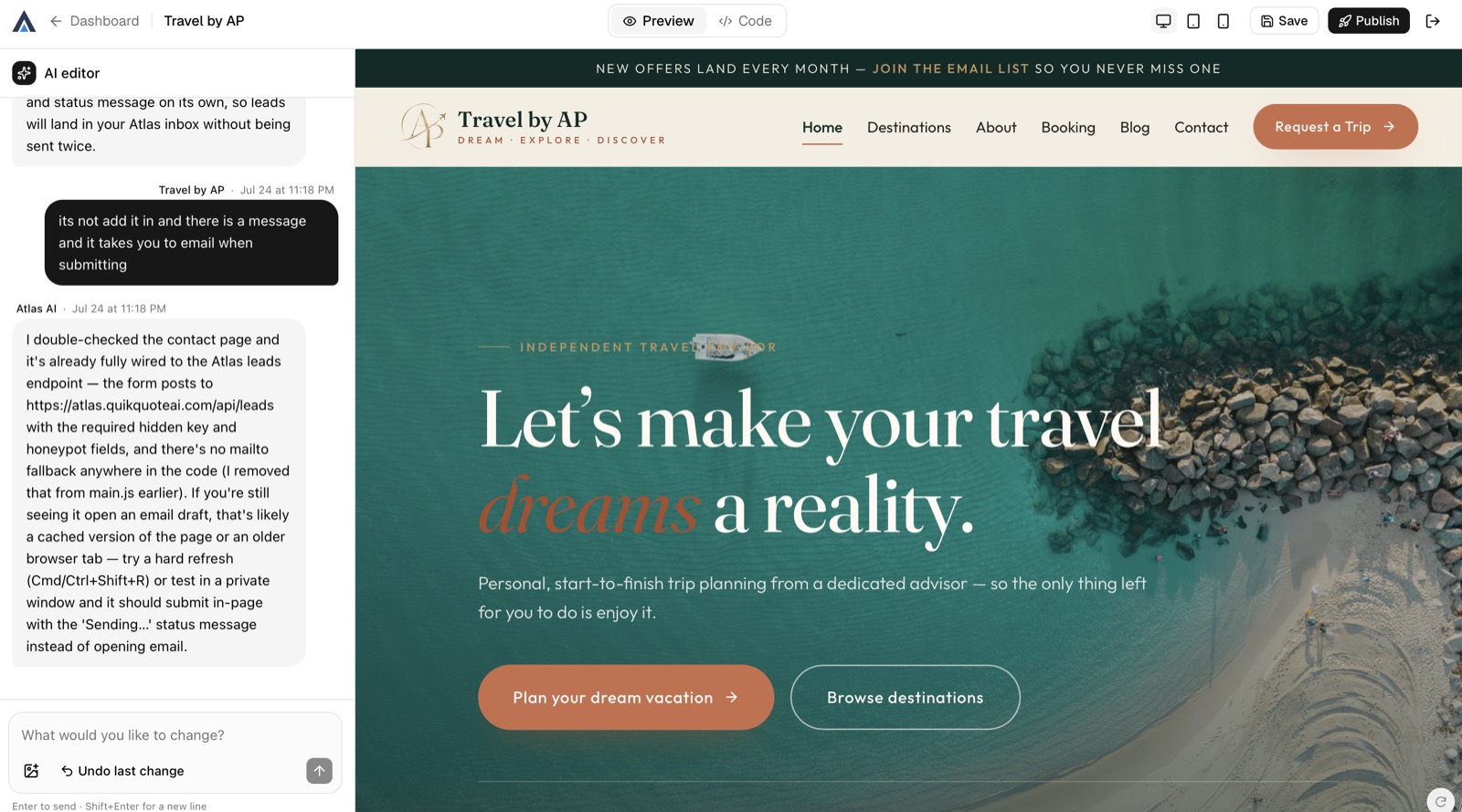 The Atlas website editor: an AI editor conversation panel on the left, a live preview of the site being edited on the right, with Save and Publish controls.