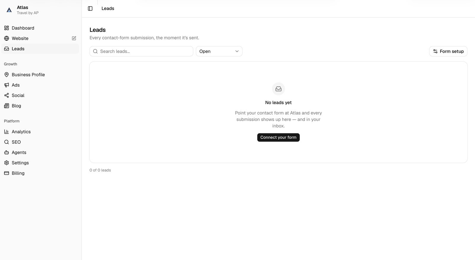 The Atlas leads inbox, with search, status filter and form setup.